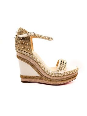 Christian Louboutin Mad Monica White Gold Spiked Espadrille Wedge Sandals EU 38